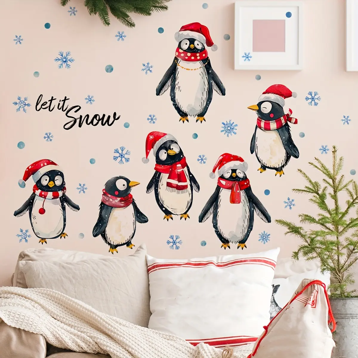 A (30*90cm) Christmas wall sticker decoration featuring penguins and snowflakes, a 2D flat wall sticker for holiday backgrounds and home decoration, Wall Decal (MS4418)