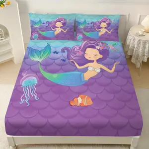 3-Piece Bedding Set, Cute Mermaid Shell Ocean Design, Microfiber Sheet, Breathable Fitted Sheet, Easy Care, Deep Pocket, Gift Idea