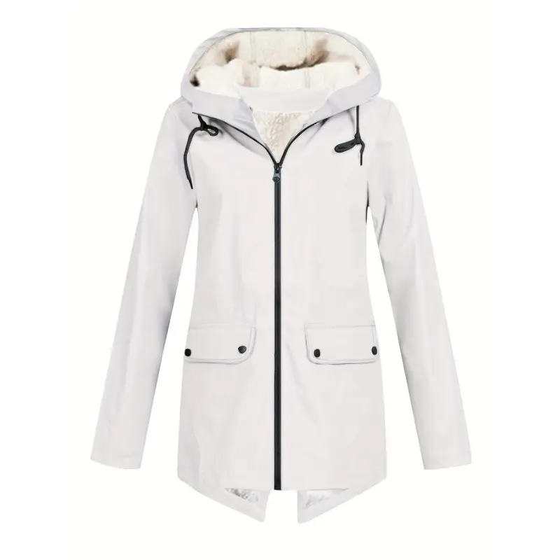 Women's Waterproof Hooded Windbreaker Jacket - Black, Insulated with Fleece Lining, Pockets, Adjustable Drawstrings, Long Sleeve, Casual Outdoor Coat for Cold Weather Fabric Womenswear  aesthetic raincoat rain mate  raincoats sophie rain jacket raincoat s