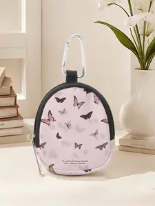 Butterfly Pattern Mini Wallet, Lightweight Zipper Coin Purse with Hook Clip, Earphone Key Bag, Unisex Casual Style, All Seasons