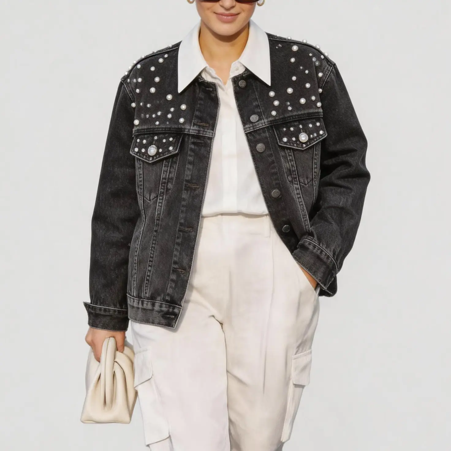 Women's Black Beaded Denim Jacket - Long-Sleeve, Loose-Fit Cotton-Poly Buttoned Coat with Handmade Embellishments, Knitting, Turn-Down Collar, Street-Retro Casual, Suitable for Parties, Year-Round Wear