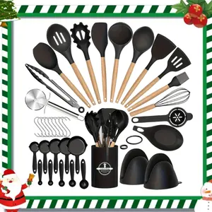37-Piece Silicone Kitchen Utensil Set with Wooden Handles, Heat Resistant Cooking & Baking Tools, Durable and Easy to Clean Design, Kitchen utensils set