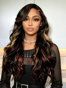 Black-red-brown three-tone highlighted body wave wig, 13×4 lace frontal wig, pre-plucked natural hairline, free part design, 28-inch heat-resistant high-temperature fiber wig, perfect for women's daily wear.