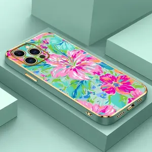 Electroplating Phone Case Floral Color Symphony Patterned Classic Square Design Non Slip TPU Soft Shell Cellphone Protective Casing for iPhone 17 Pro Max Air 16 15 14 Plus 13 12