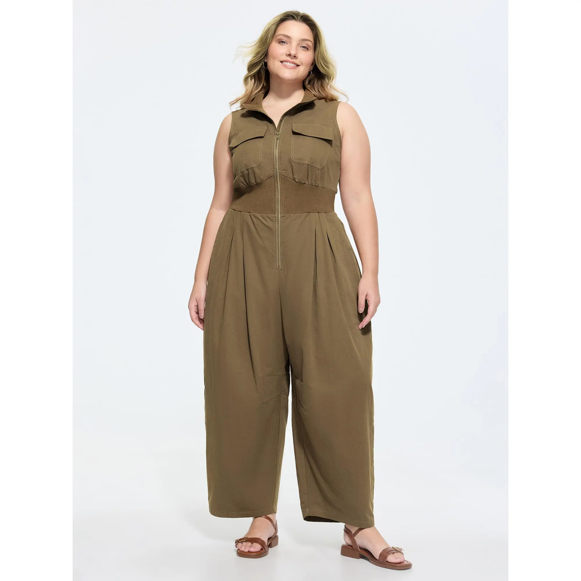 BloomChic Plus Size Casual Solid Jumpsuit, a Basic Stretch Cotton Garment with a Pleated Waist, Cargo Pockets, and Cropped Legs, Fit, Fabric, Sleeveless, Cropped Length, Low Iron, Spandex Mix, Cold Wash, Above The Knee, Do Not Tumble Dry, Patchwork