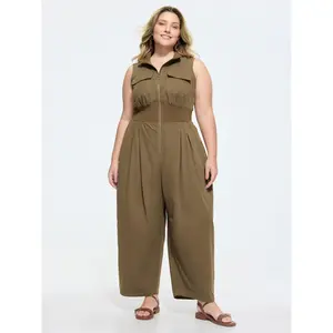 BloomChic Plus Size Women's Cropped Jumpsuit in a Smooth Cotton Blend, Solid Leisure Style with Zipper, Pleated Waist, and Cargo Pockets, Spandex