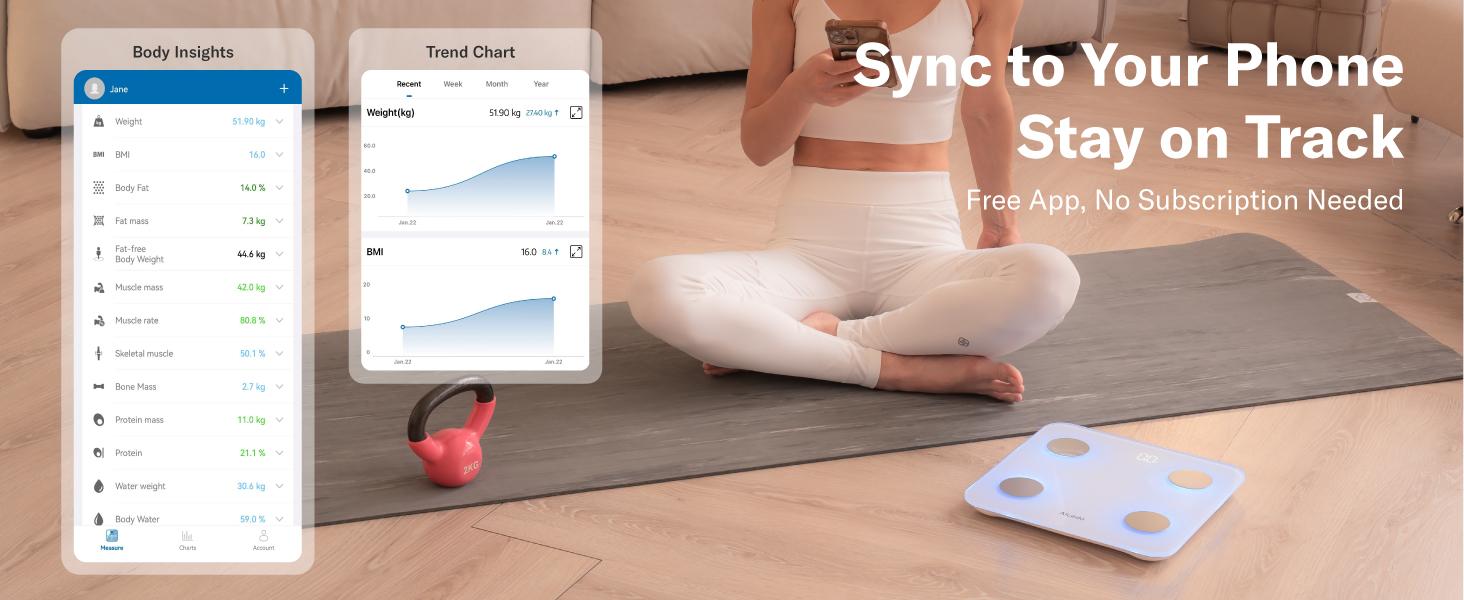 Alcedo Smart Scale for Body Weight, 7-Color Glowing Bluetooth Digital Bathroom Scale for BMI and Body Fat, Body Composition Monitor with Smartphone App