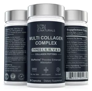 TRULIFE NATURALS Multi Collagen Complex - 5 Types Collagen Peptides with BioPerine, 90 Capsules,  Supports Skin, Hair & Nail Health, Made in USA