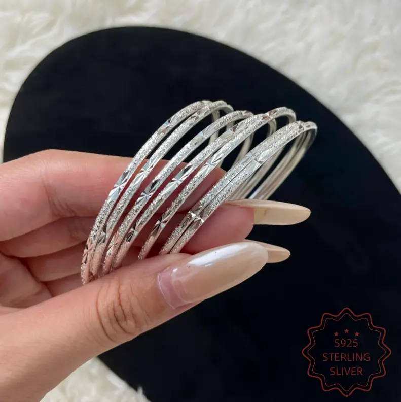 925 Sterling Silver Bangles for Women Stackable Bracelets Set 7 Pcs Arm Candy Diamond Cut Frosted Textured Wire Cuff Sparkling Gypsy Jewelry Boho Layering Bangles Gift