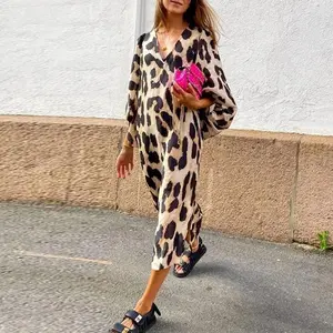 Autumn and Winter Long V-Neck Loose Lantern Sleeve Leopard Print Maxi Dress