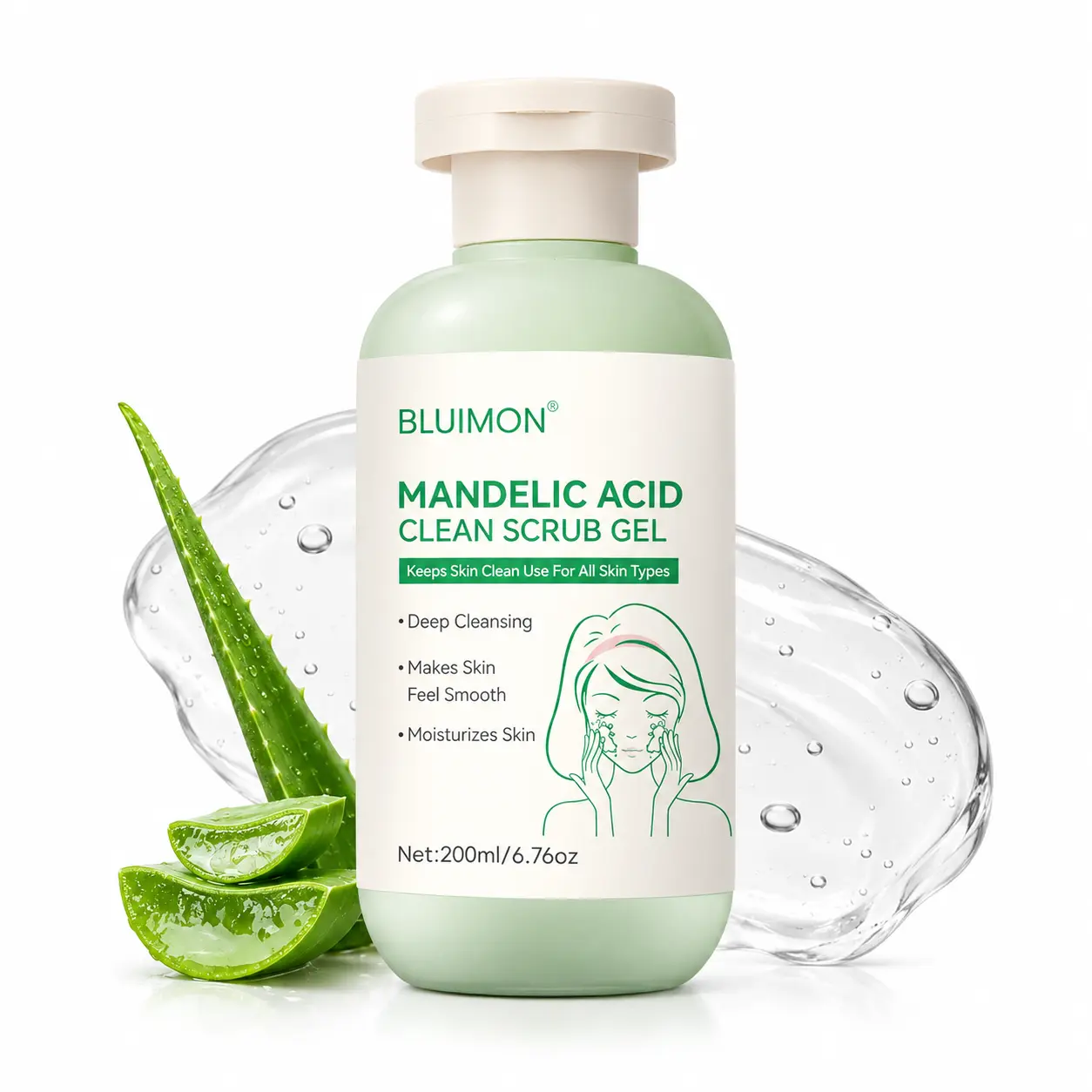 Bluimon Mandelic Acid Liquid Facial Scrub Gel - Gentle Moisture + Exfoliate Cleanser for All Skin Types, Deep Cleansing, Blackhead Removal, 200ml, Smooth Body & Face Care, Works on Face, Neck, Hands, Legs Exfoliant