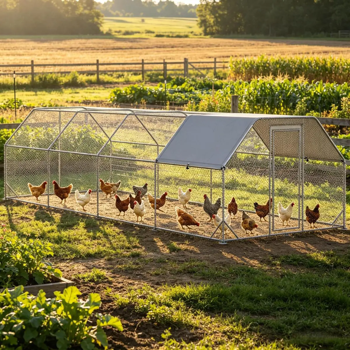 [Bellemave] 9.2' x 24.9' x 6.4' Large Chicken Coop Metal Chicken Run with Waterproof and Anti-UV Cover, Flat Shaped Walk in Fence Cage Hen House