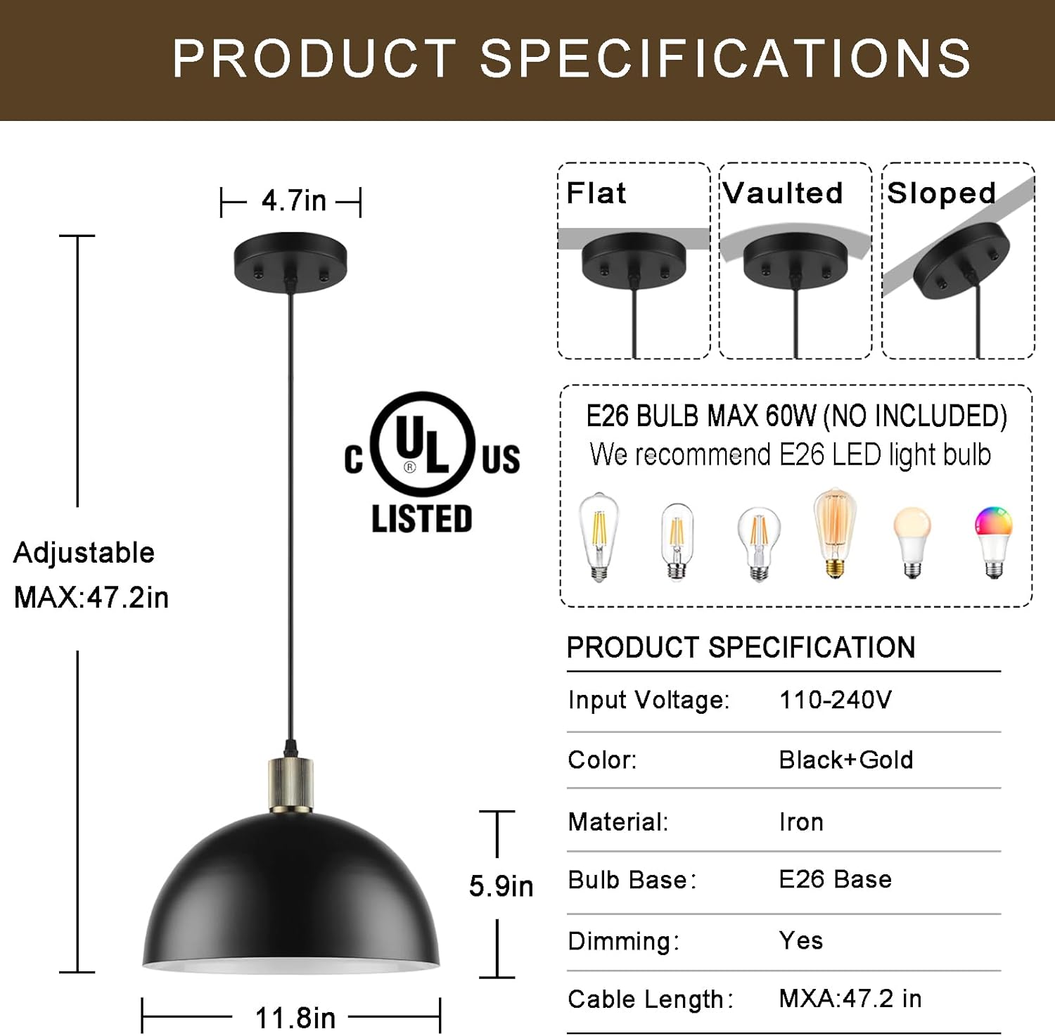 Black Pendant Lights Kitchen Island, 11.8" Modern Dome Farmhouse Hanging Lighting for Dining Room Hallway Entryway