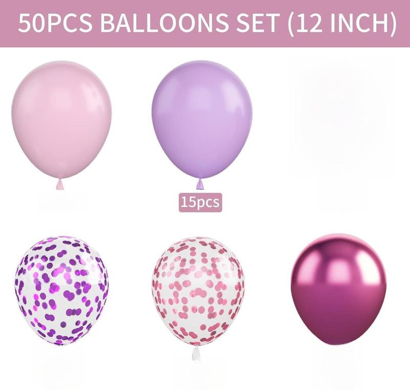 [New Deal] 50PCS 12 Inch Pink Purple Balloons: Metallic & Confetti, Party Balloons for Birthday, Wedding, Baby Shower, Unisex Adults & Children