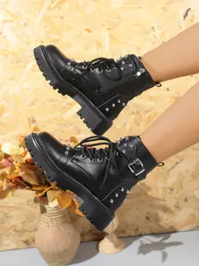 Women's Boots with Buckle Rivet Design, New Short Thick Sole British Style Versatile Lightweight Hiking Boots for Outdoor Hiking Camping