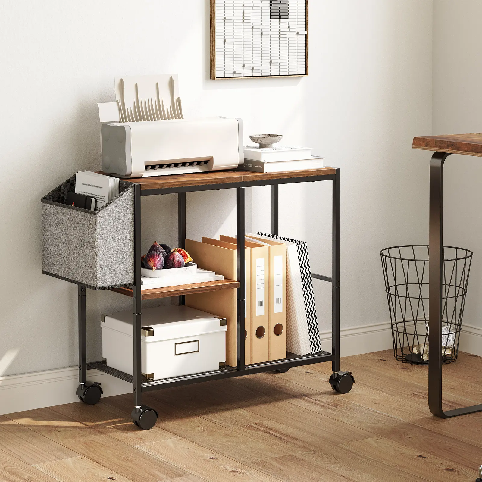 MAHANCRIS Wooden 3-Tier Rolling Printer Cart with Wheels - 24.8x11.8x23.6", Adjustable Shelf, A4 Paper Holder, Scanner & Mobile Holder, 44 lbs Max Under Desk Organizer for Home Office Supplies