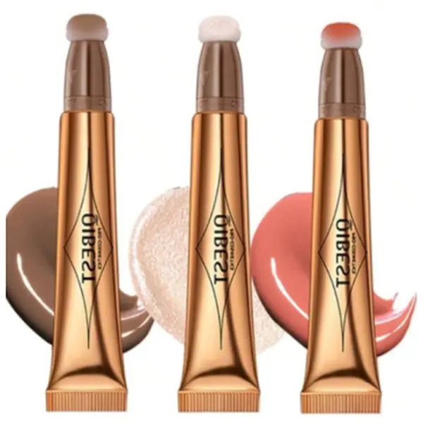 OIBEST 3-Pack Cosmetic Contour Sticks Kit with Cushion Tips - Lightweight, Waterproof, Blendable 3-in-1 Full Face Makeup, 3D Contour+Blush, Quick Touch Up for All Skin Types, All-Day Fresh Wear