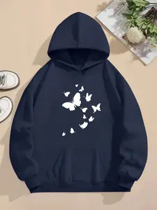 Women's Hooded Sweatshirt Autumn Winter Butterfly Print, Casual Fitted Style, Cartoon Pattern, Daily Wear, School Commute, Leisure Date