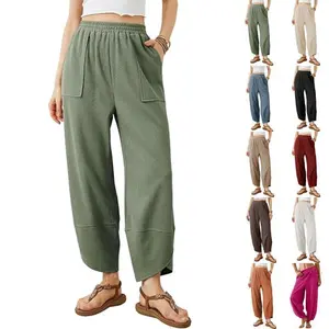 Womens Baggy Wide Leg Pants Casual Loose Elastic Waisted Palazzo Harem Pants with Pockets Womenswear Bottom