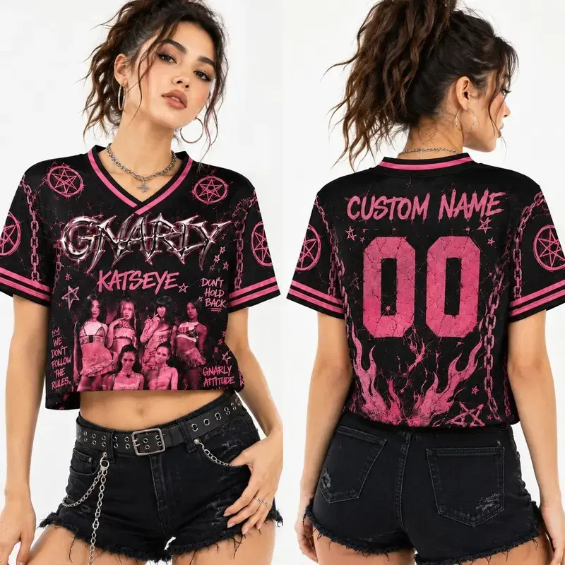 Gnarly Inspired Crop Top Baseball Jersey, Personalized Button Up Shirt, Custom Name & Number, Pink Black Streetwear, Y2K Festival Outfit