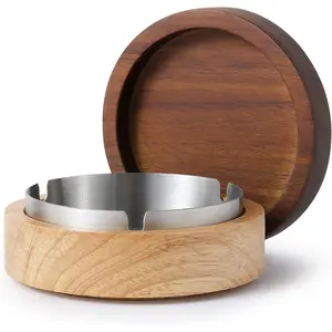 Wooden Ashtray with Lid for Smokers Stainless Steel Liner Windproof Durable Easy to Clean Cool Ashtray for Indoor Outdoor Patio Office Home Use