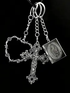 Vintage Alloy Metal Cross Keychain with Keychain Wristlet Strap, Barbed Heart, Miraculous Medal & Symbolic Pendants, Unisex Christian Gift, Car & Bag Decoration Charm