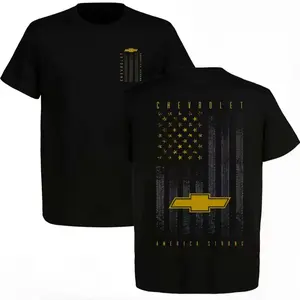 Men's Cotton Short Sleeve Round Neck T-Shirt, Breathable Loose Fit, Car Culture Theme, American Flag Print, Chevrolet Logo, Casual Daily Wear