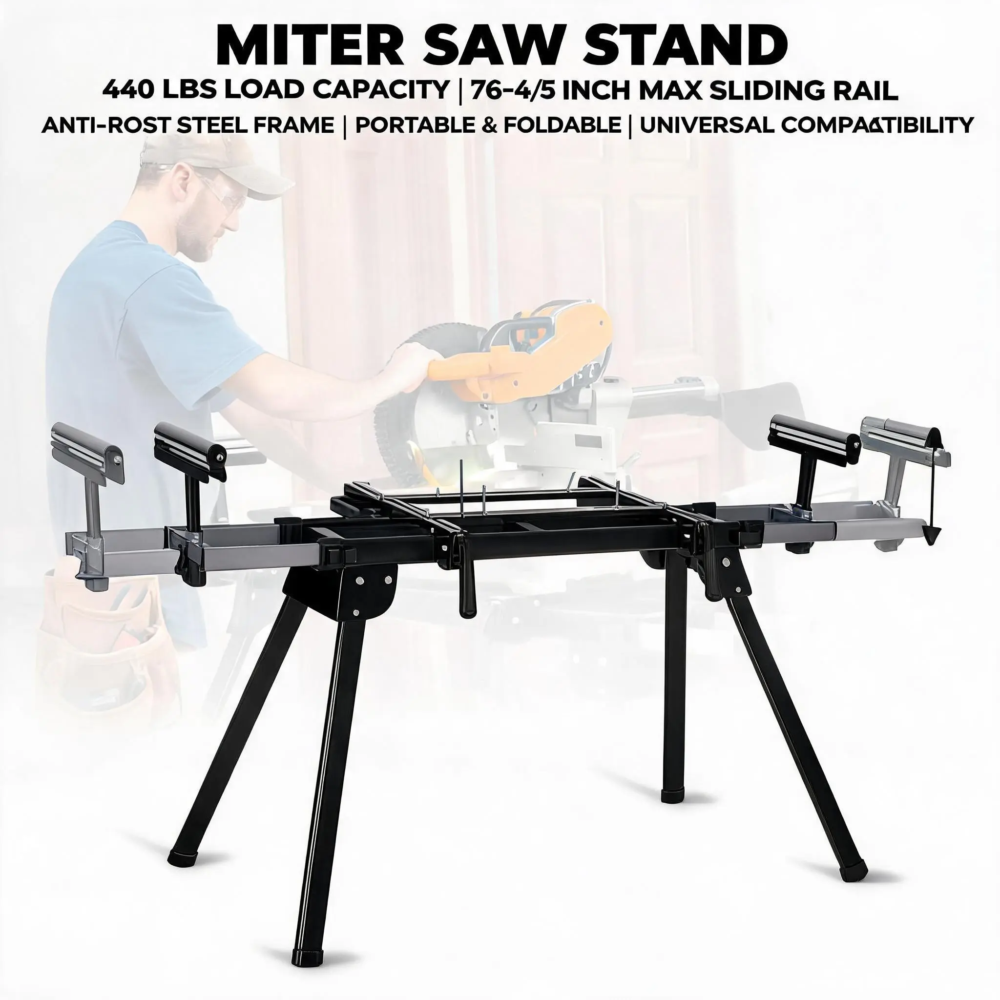 GARVEE 440 lbs Capacity Miter Saw Stand (Tools) - Universal Folding, 76.8 in Max Rail Length, Portable Steel Table with Height-Adjustable Roller Supports, Repeat Cutting End Stops, 27 lbs, Anti-Rust Coat, Steel Frame,toolupgrade