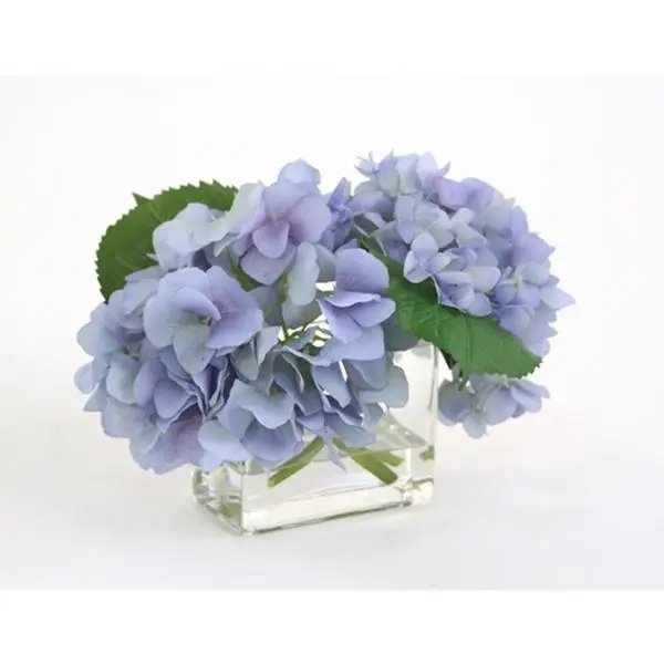 Distinctive Designs International 16098 Waterlook Silk Blue Hydrangeas In A Small Rectangular Glass Vase