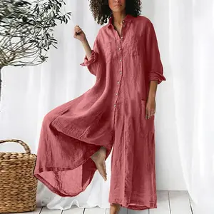 Solid Color Casual Long-sleeved Medium and Long Cotton and Linen Shirt Jumpsuit Women