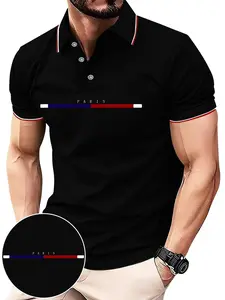 Men's Paris Striped Polo Shirt, Business Casual Collared Short Sleeve T-Shirt, Style Colorblock Stripe Polo Shirt