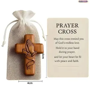 Handmade Wooden Pocket Cross Gift Set - Elegant Compact, Hand Heart Design, Religious Accessory with Pouch & Card, Prayer Motif, Religious Decor, Wooden Ornaments, Christian Gift for Christmas, Easter,summervibes