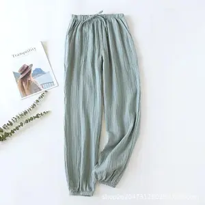 Spring Summer 100% Cotton Muslin Gauze Pants Women'S Casual Japanese Korean Homewear Pajama Cuffed Pantalones Female Clothing