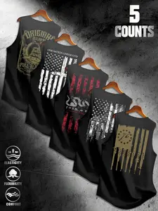 Men's 5-Piece Sleeveless Fitted T-Shirt Set, American Flag Snake Print, Summer Casual Wear, Breathable Fabric, Comfort Fit, Ideal Gift Choice