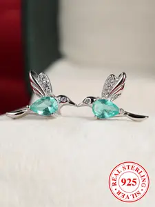 925 Sterling Silver Cute Hummingbird Design Teardrop Earrings, Stud Earring Jewelry, Fashionable Jewelry for Women & Girls, Trendy All-match & Exquisite Jewelry for Birthday Gift