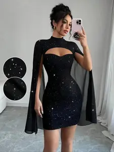 VYBE Fashion Sexy Mini Bodycon Dress, Shawl Net Design, Chic Cape Sleeves & Shiny Sequins, Trendy Holiday Party Dress, Fall Winter Fashion Gown, Womenswear