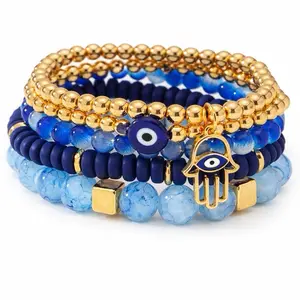 Mystique 5 pcs/set Beaded Hamsa Hand Evil Eye Stacked Glass Beaded Strand Bracelet for Women Blue & Gold Accents