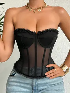 Women's Vintage Sexy Layered Mesh Fishbone Corset Tank Top Underwear, Lace Detail Front and Back Tie Design, Perfect for Beach Nightclub Bar Party