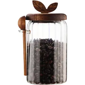 Glass Jar with Wooden Lid and Spoon, Food Storage Containers Coffee Jar Coffee Grounds Container, 27oz Coffee Canister holds up to 8.5oz of Coffee Beans