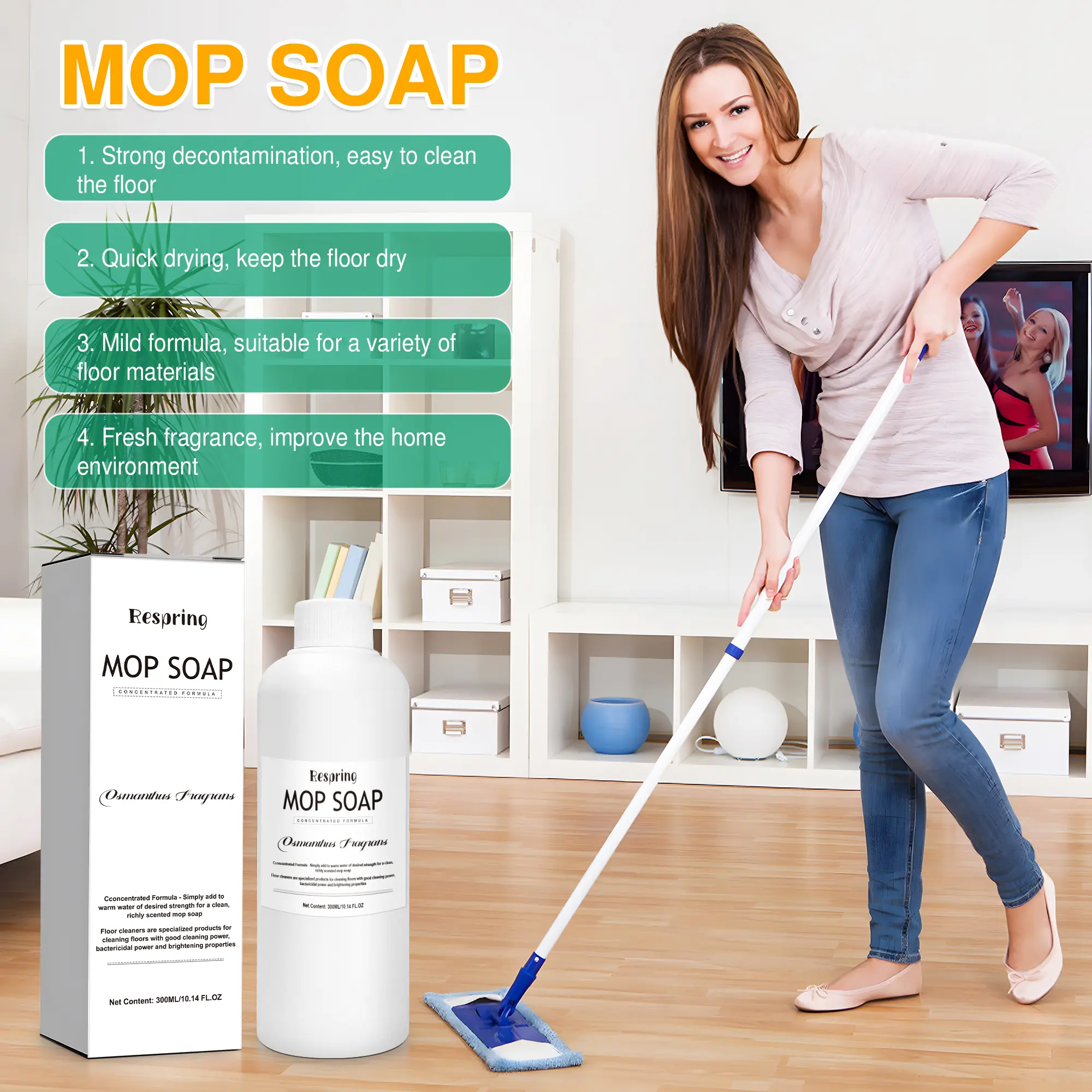 300ml Mild-Scent Concentrated Liquid Floor Cleaner - Low-Foaming, Residue-Free, 4 Fragrances, Compatible with All Flooring Types & Various Mops, Ideal for Household Pre-Treatment