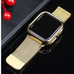 2P Band + Case Milanese strap magnetic end clasp Gold Stainless Steel Magnetic Strap Compatible With Apple Watch Series Ultra/11/10/9/8/7/6/5/4/Se 40/41/42 Wearable Accessories  Business,Work, Casual Sports
