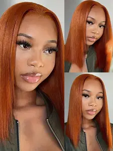 Straight 350 Ginger Orange Color Highlight Bob Wig Straight Human Hair Wig for Women 13x4 Transparent Lace Frontal Wig Halloween Wig 150%