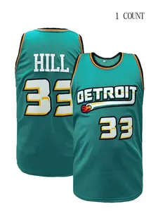 Men's #33 Hill Detroit Retro Embroidered Basketball Jersey, Stitched Name & Number Throwback Sleeveless Basketball Shirt, Breathable Sportswear for Men Women Youth, S-XL