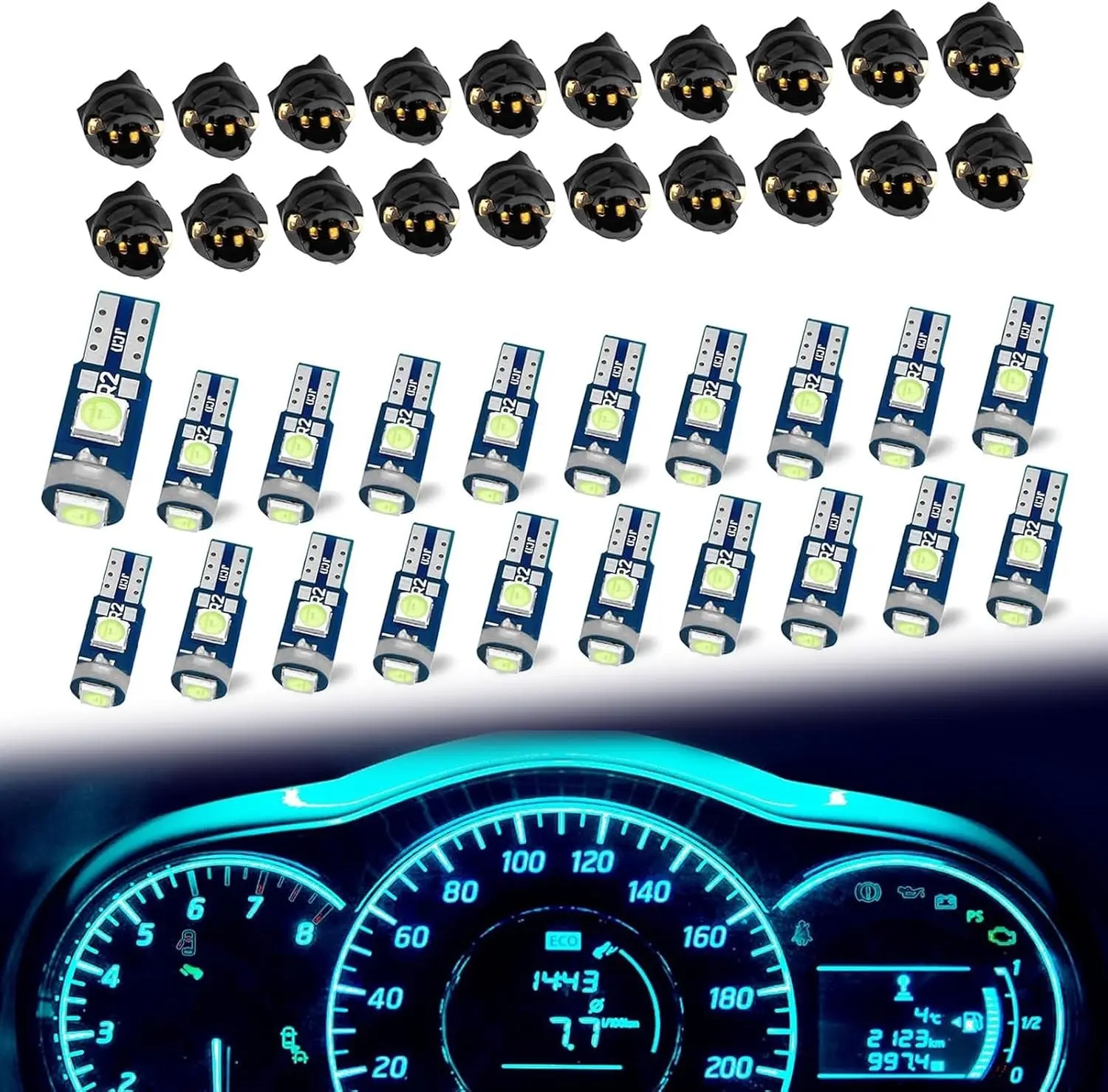 20 PCS Super Bright 74 T5 37 LED Bulbs 3030-3SMD Universal 12V Car Dashboard Instrument Indicator Lights with Twist Lock Socket Blue for Most Cars