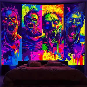1pc Glow-in-the-Dark Zombie Graffiti Tapestry - Large UV Reactive Neon Art Print, Peach Light Beige Polyester Fabric Wall Hanging for Bedroom, Party & Home Decor, Wrinkle-Resistant Indoor Wall Art with Free Hanging Accessories
