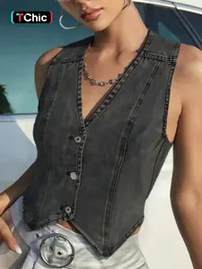 Women's Denim Vest, Button Front Vest, Casual V Neck Button Fly Sleeveless Fitted Vneck Denim Top for Summer, Lady Fashion Women's Top for Daily Wear, Womenswear, Casual Sleeveless Outerwear