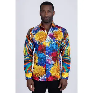 Barabas Rua Floral Long Sleeve Shirt Fitted Baroque Rhinestone Design Lightweight Stretch Fabric Dry Clean Only Original Baroque Style Cotton Menswear Snake Spandex Tops Classic