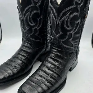 Hooch Men's Black Leather Cowboy Boots with Embroidered Design and Comfortable Fit