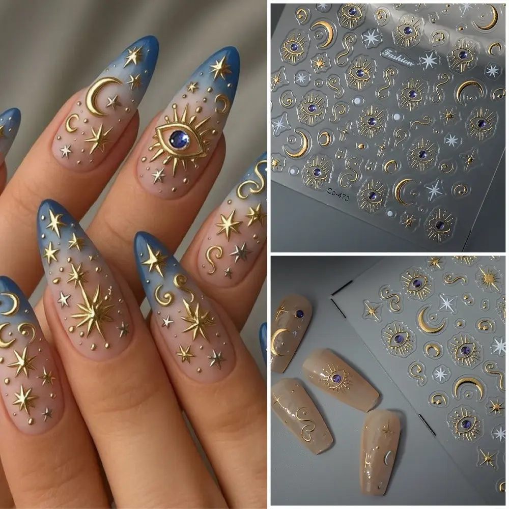 Eye Shadow Star Moon Nail Art Stickers, Nail Art Design, Star And Moon Elements 1 Sheet 5D Embossed Decorative Nail Accents Self-Adhesive DIY Nail Decals, Celestial Theme Summer Nail Style for Home & Salon
