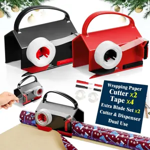 2 Pack Wrapping Paper &Tape Dispenser Dual Use, Gift Wrap Tool with 4 Tapes, 2 Replace Blades Kit for Rolls Paper, Perferct for Christmas Birthday, for Present Wrapping